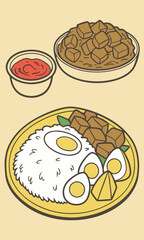 Illustrated Indonesian Nasi Campur Dish with Cubed Meat Eggs and Rice
