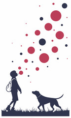 Silhouette of a Child Blowing Bubbles with a Dog in the Grass