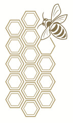 Stylized Bee Hovering Near Honeycomb Pattern in Gold Tones