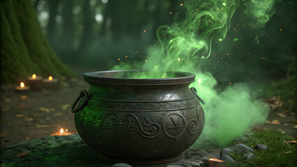 Mysterious cauldron bubbling with glowing green potion in a dark enchanted forest illuminated by flickering candles