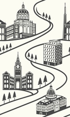 Stylized Cityscape Illustration with Winding Roads and Architectural Landmarks