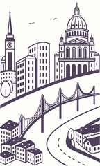 Stylized Cityscape with Dome Spire Bridge and Buildings in Dark Purple