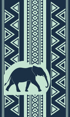Stylized Elephant Silhouette Walking Amidst Geometric African Textile Pattern