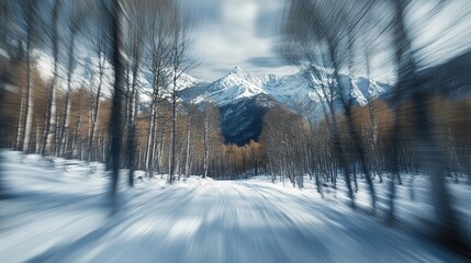 Blurred Motion View of Snow-Capped Mountains Through Trees Ã¢Â?Â" Dynamic Winter Landscape