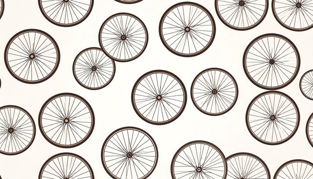 Scattered bicycle wheels on white backdrop