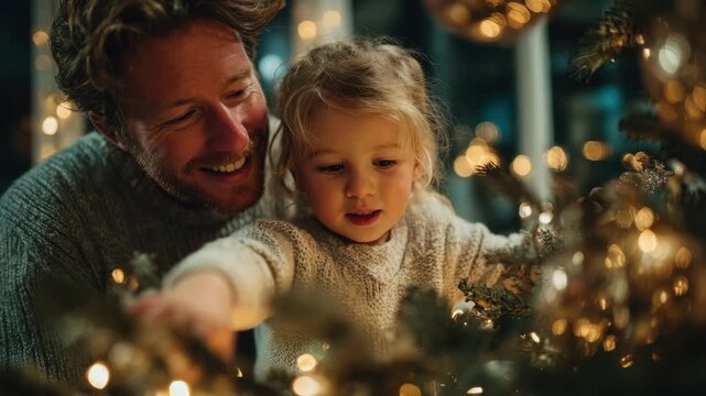 A father and his young daughter share a joyful moment as they decorate a Christmas tree with sparkling lights and ornaments in their warm living room