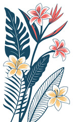 Stylized Tropical Floral Arrangement with Bold Colors and Detailed Leaves