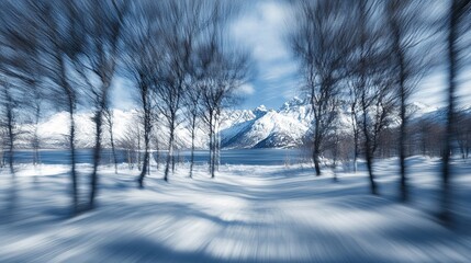 Blurred Motion View of Snow-Capped Mountains Through Trees Ã¢Â?Â" Dynamic Winter Landscape