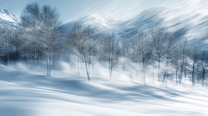 Blurred Motion View of Snow-Capped Mountains Through Trees Ã¢Â?Â" Dynamic Winter Landscape