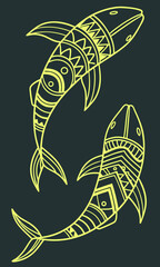 Stylized Yellow Fish Duo with Intricate TribalInspired Line Art Patterns
