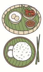 Traditional Southeast Asian Meal Presentation with Rice Sauces and Appetizers
