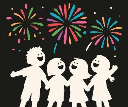 Happy Kids Watching Fireworks at Night &ndash; Silhouette Cartoon Children Celebration Vector Illustration