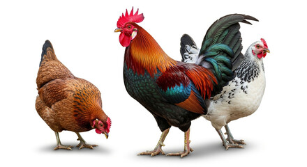 Fototapeta premium A vibrant rooster stands tall among a hen and a speckled chicken, isolated on white background, showcasing the beauty of domestic fowl in a farm setting