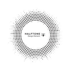 Halftone circle frame dotted background. Round border Icon using halftone random circle dots raster texture. Grunge circular stain element. Vector illustration.