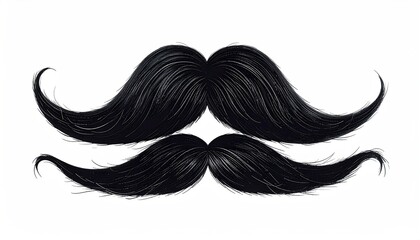 A meticulously rendered digital image depicting a pair of opulent, black, handlebar mustaches, meticulously detailed and set against a stark white background
