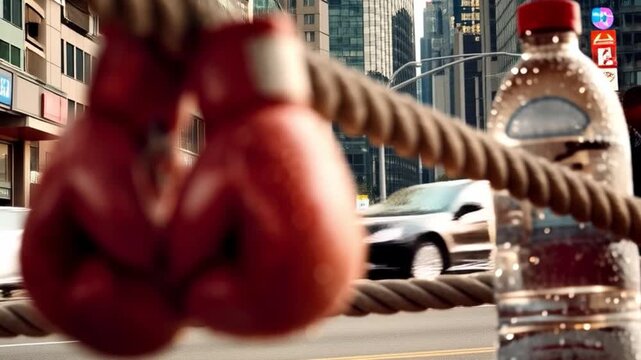 Close-Up of Wet Red Boxing Gloves Hanging on a Rope in Gym Setting