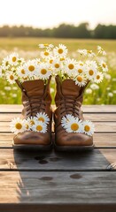 A pair of rustic brown leather boots adorned with clusters of white daisies, positioned on a wooden deck, creating a serene and cheerful image.