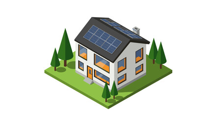 Modern isometric eco-friendly home with solar panels and greenery