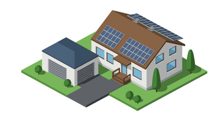Modern sustainable home with solar panels in isometric style