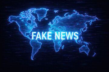 Digital World Map with Glitching "Fake News" Text in Neon Blue and Purple Hues global technology
