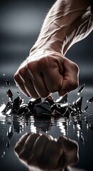A powerful fist shatters a dark substance, creating a dramatic splash of debris on a reflective surface.