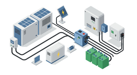 Modern isometric renewable energy system with solar panels and storage batteries