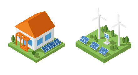 Isometric renewable energy concept with solar panels and wind turbines