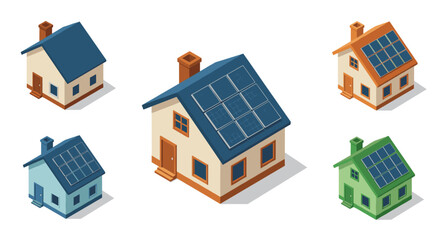 Isometric eco-friendly houses with solar panels on white background