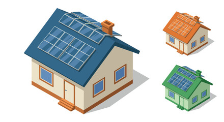 Isometric eco-friendly home designs with solar panels and multiple color schemes