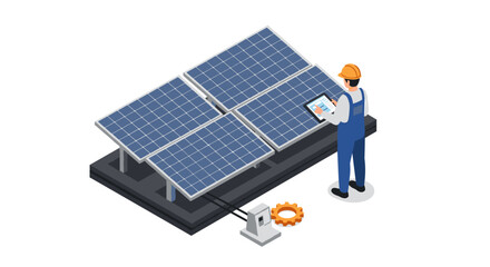 Isometric solar panel installation with engineer using tablet for monitoring © Ophelia