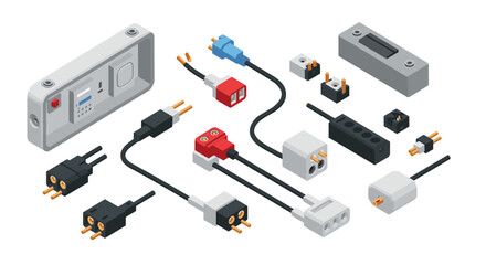 Isometric electronics connectors and components on white background