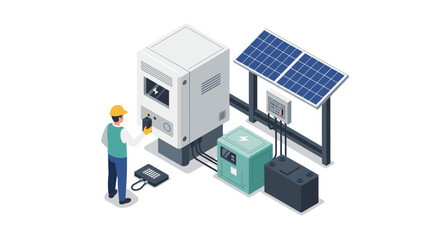 Technician operating solar power converter station in isometric design © Ophelia