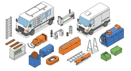Isometric workshop equipment and utility vans set with tools and storage units © Ophelia