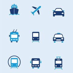 Transport icons set. Car, bus, train, ship, plane, taxi, subway, tram and trolleybus. Public, travel and delivery transport icons.