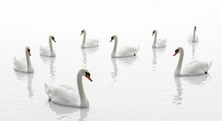 Obraz premium Group of elegant white swans swimming gracefully on a serene lake, isolated on white background their reflections shimmer in the water, creating a peaceful scene
