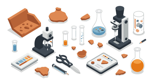 Isometric archaeological tools and pottery lab set with microscopes and flask