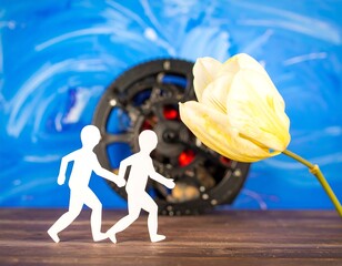 Two paper people walk toward a large tulip