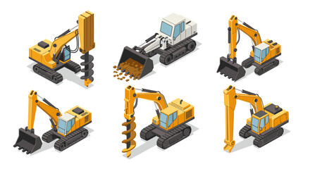 Fototapeta premium Isometric construction vehicles set with excavators and drilling machines