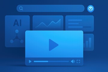 3d blue illustration of AI video interface with play button, analytics charts and chatbot icon for digital technology
