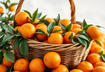 A full woven basket overflowing with bright orange, juicy oranges,   organic,   countryside
