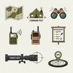 Simple line icons depicting essential military equipment and tools for mission success.