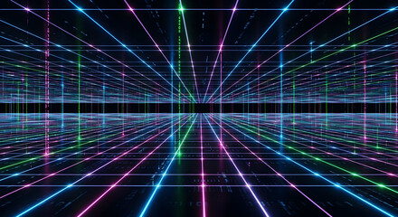 Enter the digital world with this vibrant, modern grid design illuminating a futuristic network, perfect for technology and innovative projects