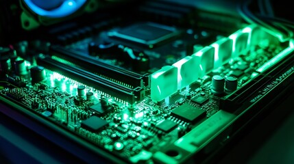 Fototapeta premium Vibrant green illuminated computer motherboard with glowing RAM modules creating a futuristic, high-tech aesthetic for innovation and digital concepts.