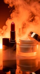 A striking presentation of cosmetic products, featuring a vibrant red lipstick and a jar of skin cream, bathed in warm, orange-toned lighting and dramatic smoke.
