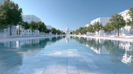 Reflecting Pool at United States Capitol Building Washington DC with Clear Blue Sky and Trees in Summertime