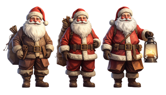 Santa Claus Trio with Unique Decorative Styles, isolated on transparent background