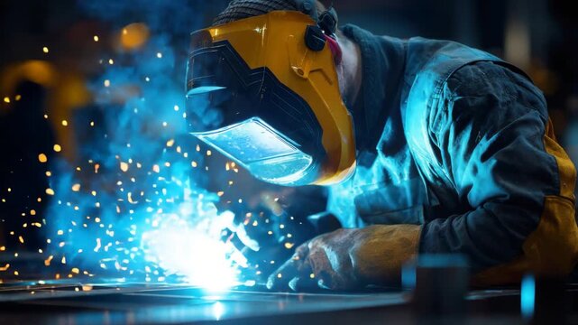 A skilled worker performs welding tasks in a well-equipped workshop as bright sparks illuminate the surroundings. The focus is on metal joining techniques and craftsmanship