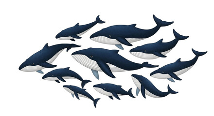 A harmonious pod of whales gracefully navigating the vast ocean, their sleek bodies gliding through the water with effortless elegance isolated on white background