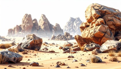 A sun-drenched desert landscape features large, jagged rocks and small tufts of desert grass against a hazy, mountainous backdrop
