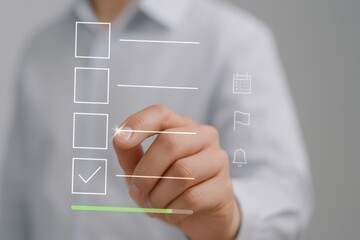 Man using digital checklist interface pressing glowing box for task completion, project management and business productivity
